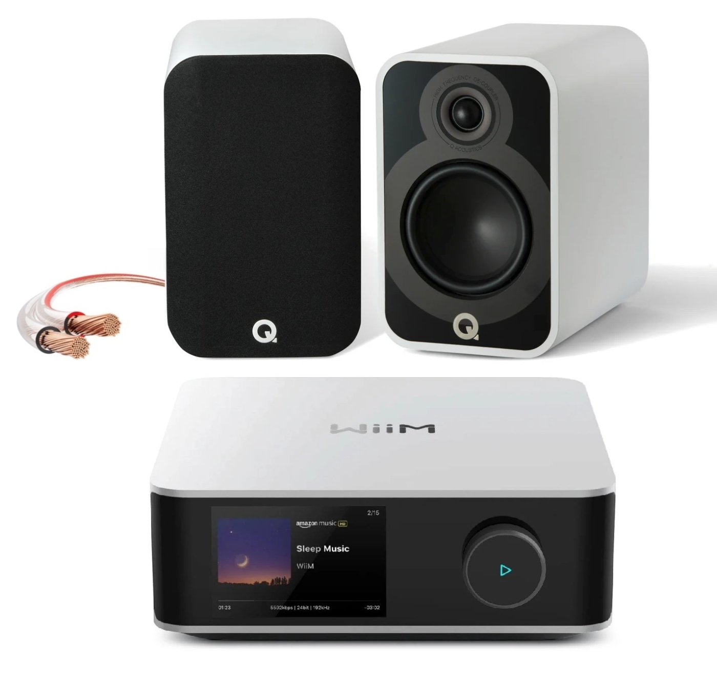 Bundle Wiim Amp Ultra + Q-Acoustics 5020 + Avinity-LS-Kabel | Neu Silber/Weiß