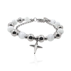 MARTIN1985 Modisches Kreuzanhänger Armband Damen mit Edelstahl- und weißen Katzenaugenperlen Geschenkverpackung