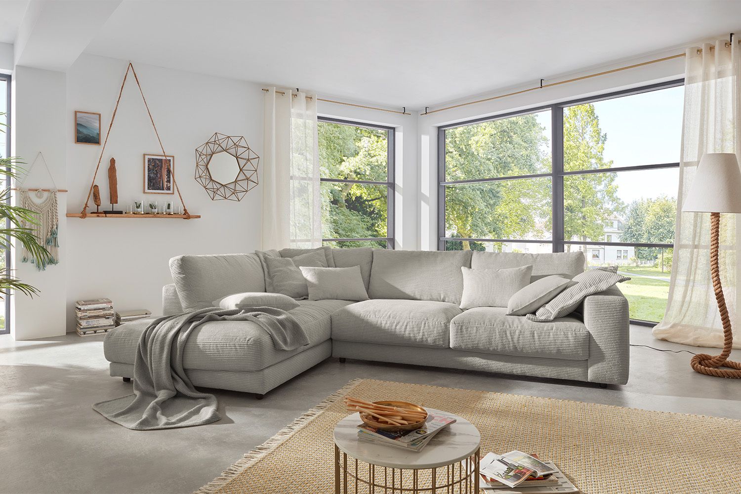 KAWOLA Sofa MADELINE Ecksofa mit Recamiere Cord steingrau