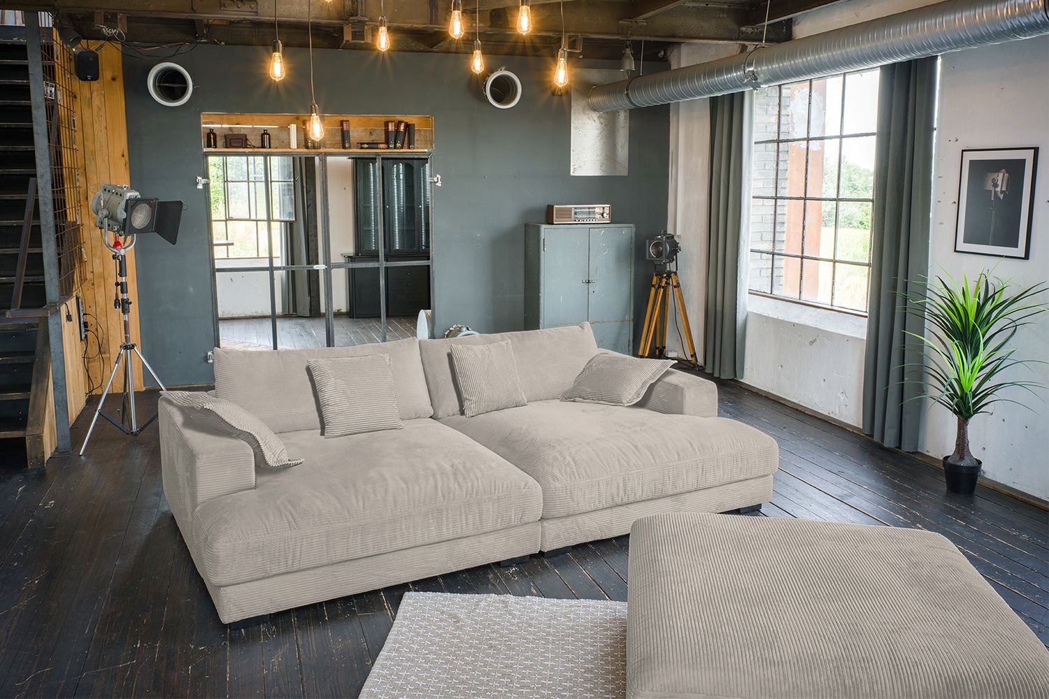 KAWOLA Big Sofa MADELINE Cord taupe mit Hocker und 4 Zierkissen