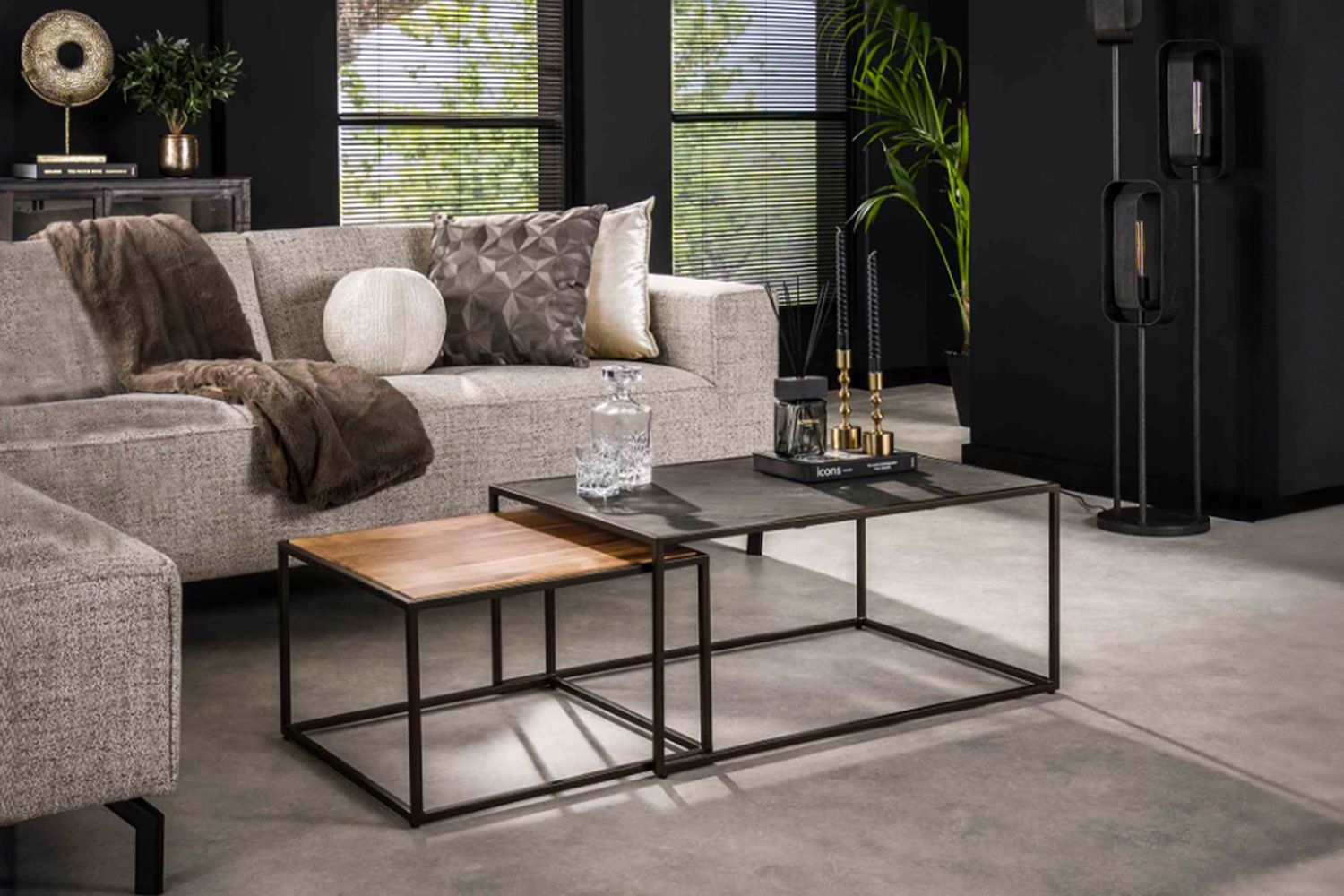 KAWOLA Couchtisch NUKA Set 2-tlg. Schiefer schwarz / braun