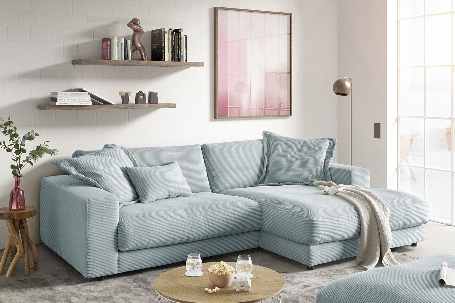 KAWOLA Sofa MADELINE Ecksofa Cord mit Longchair hellblau
