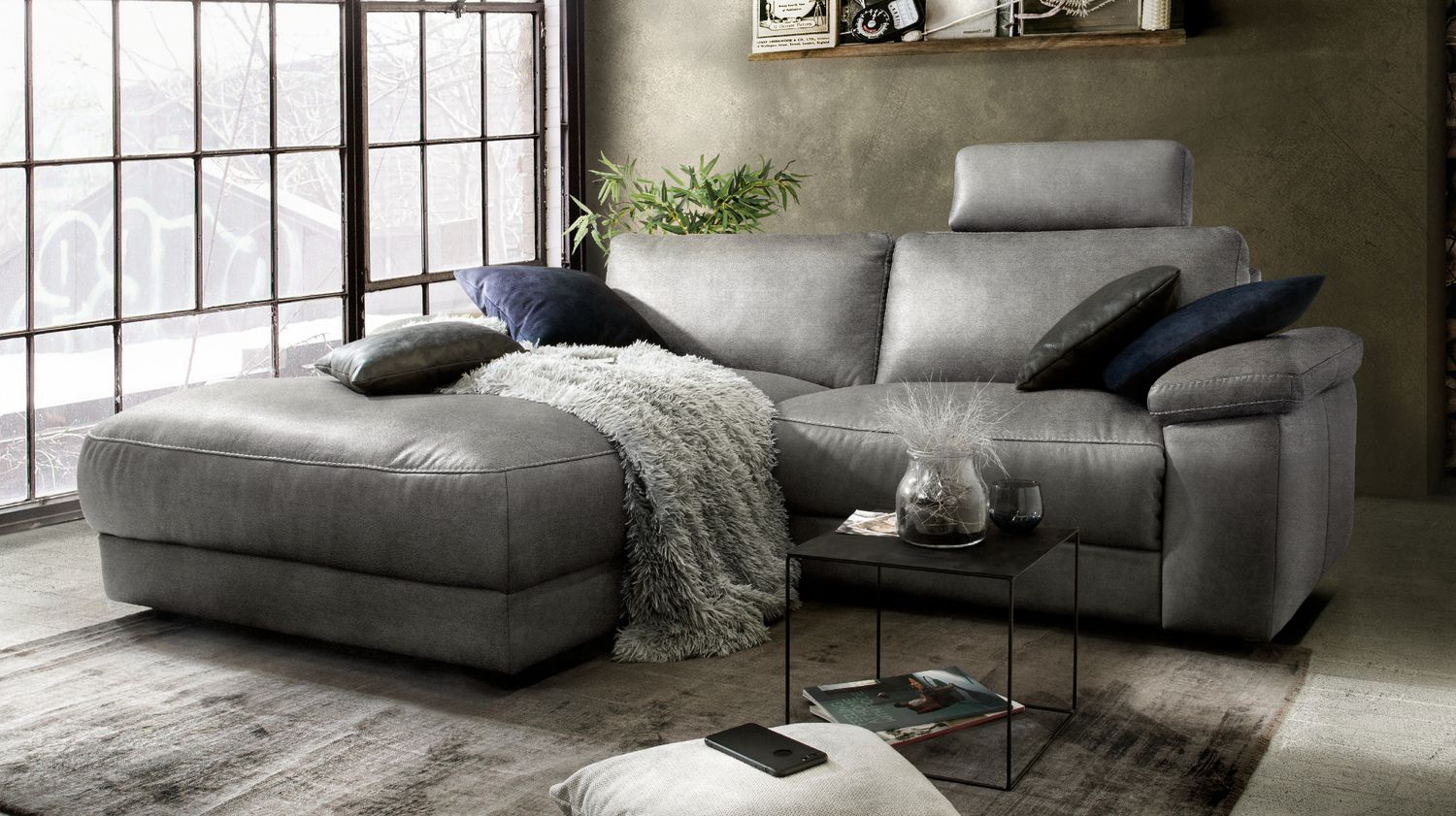 KAWOLA Sofa LOLA Ecksofa Stoff grau mit motorischer Relaxfunktion