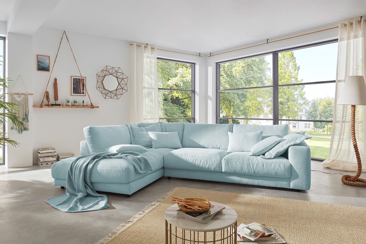 KAWOLA Sofa MADELINE Ecksofa mit Recamiere Cord hellblau
