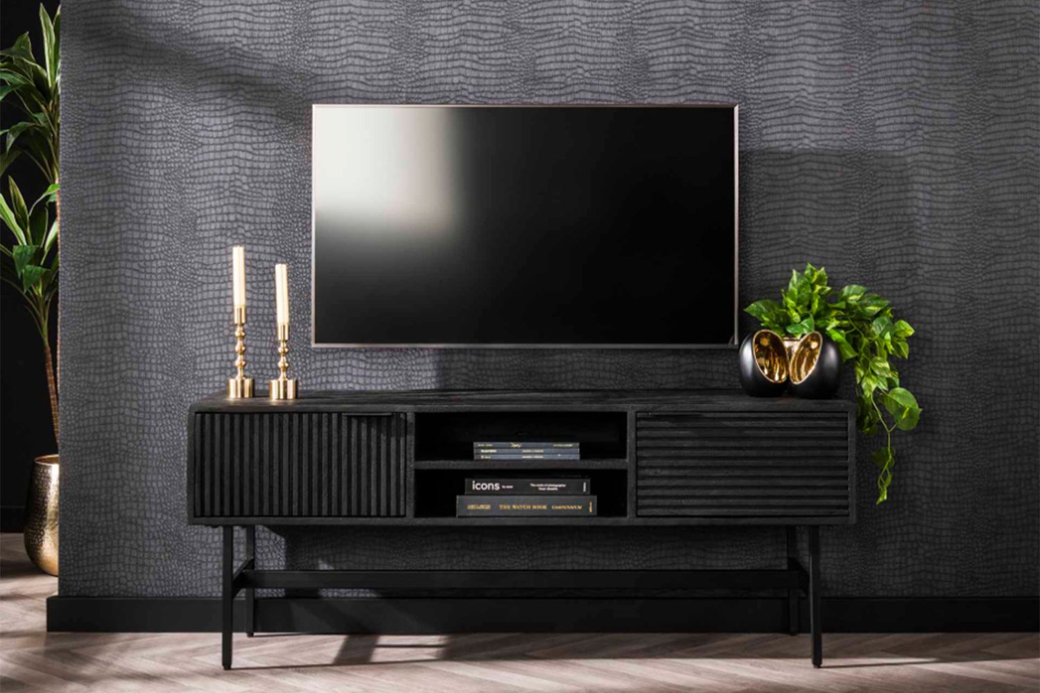 KAWOLA Lowboard ELVAS TV-Board Mango massiv schwarz 2 Schubladen