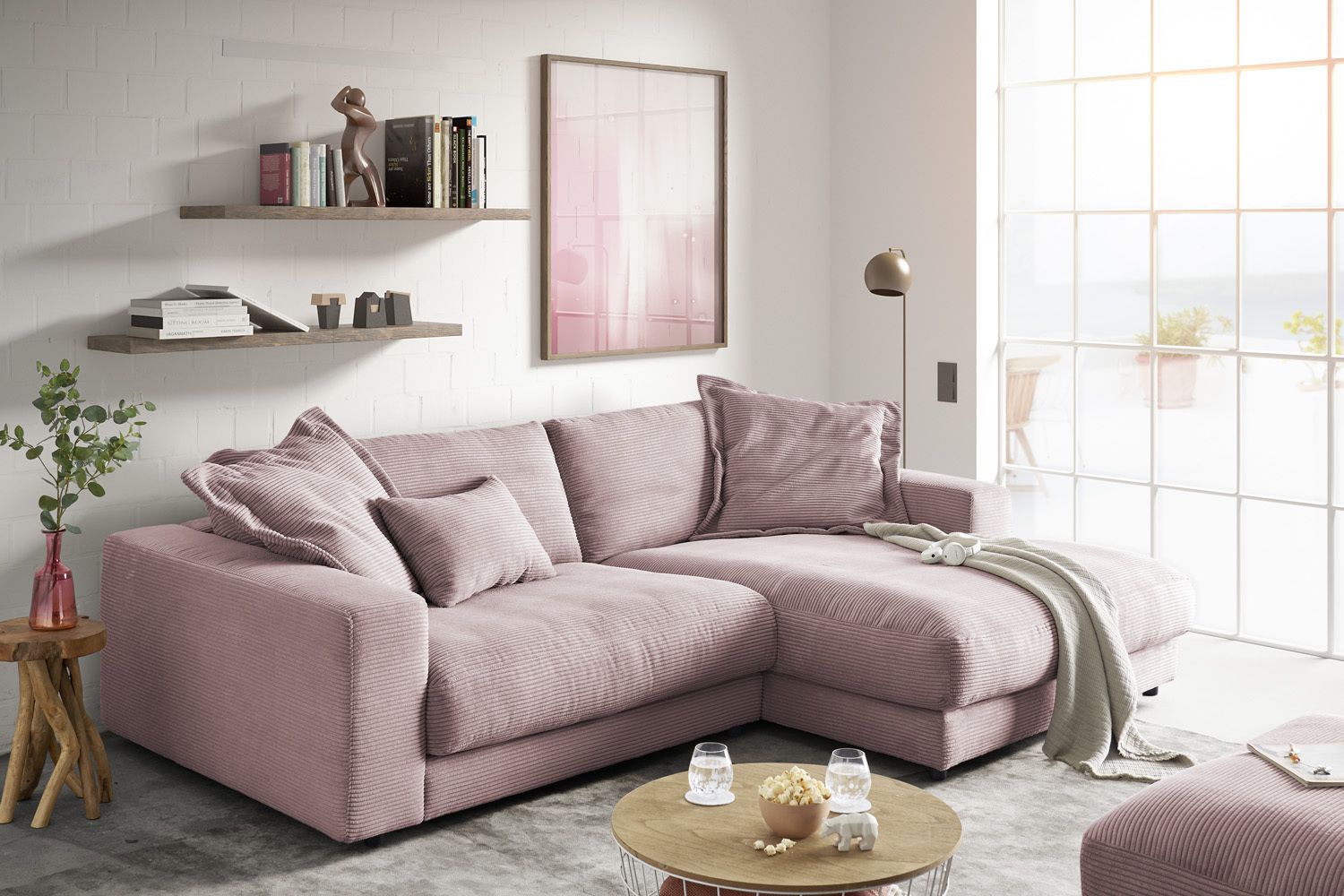 KAWOLA Sofa MADELINE Ecksofa Cord mit Longchair rosa