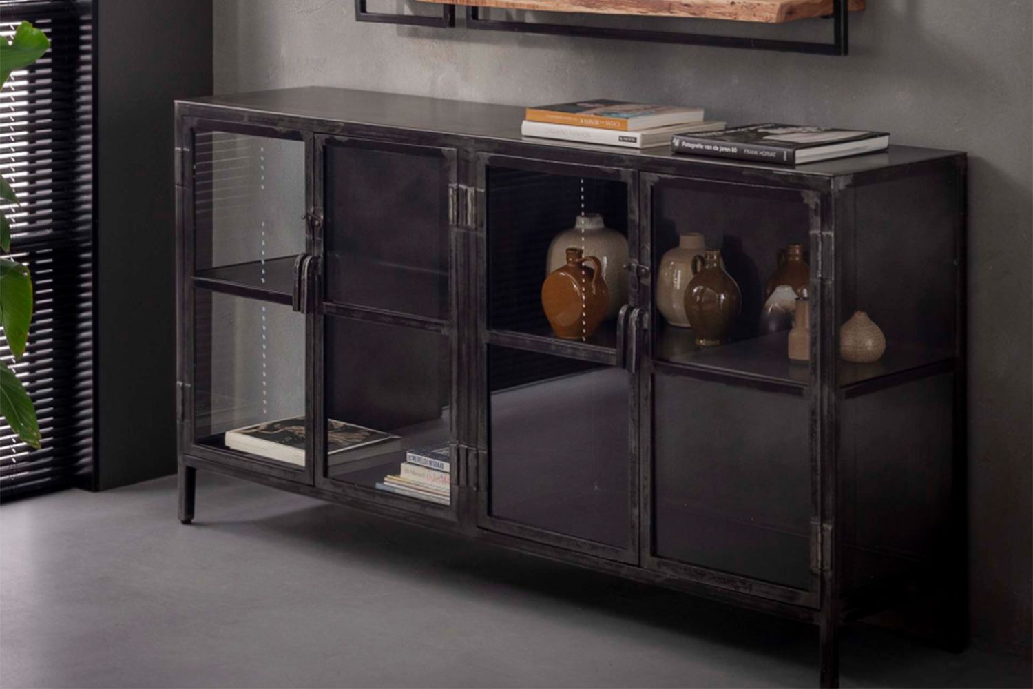 KAWOLA Sideboard BREST Vitrine Metall schwarz 4 Türen