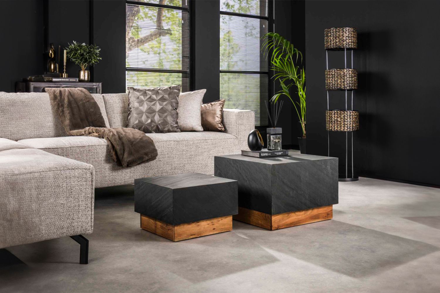 KAWOLA Couchtisch NOME Set 2-tlg. Schiefer schwarz