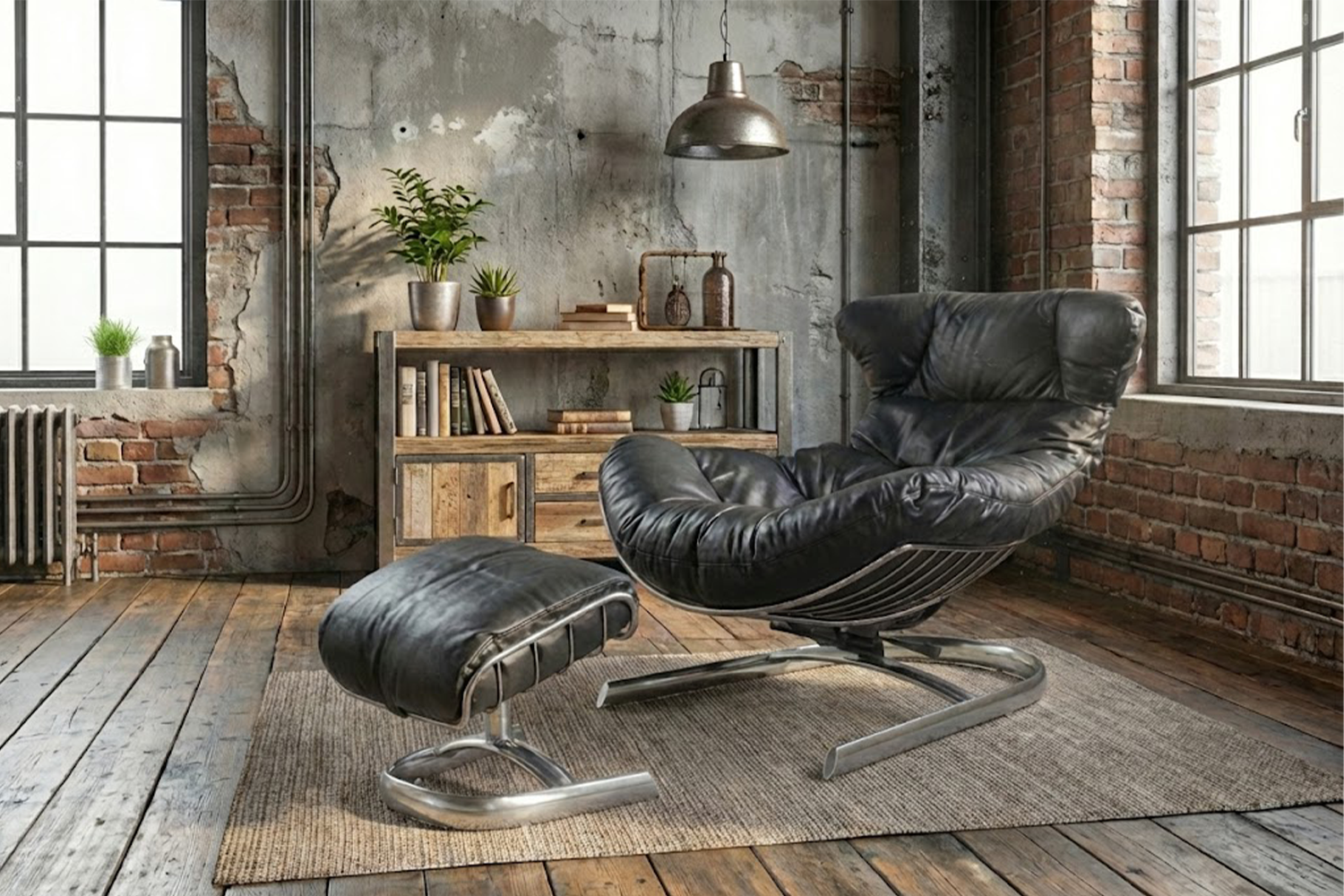 KAWOLA Relaxsessel LORNA Sessel Leder schwarz inklusive Hocker