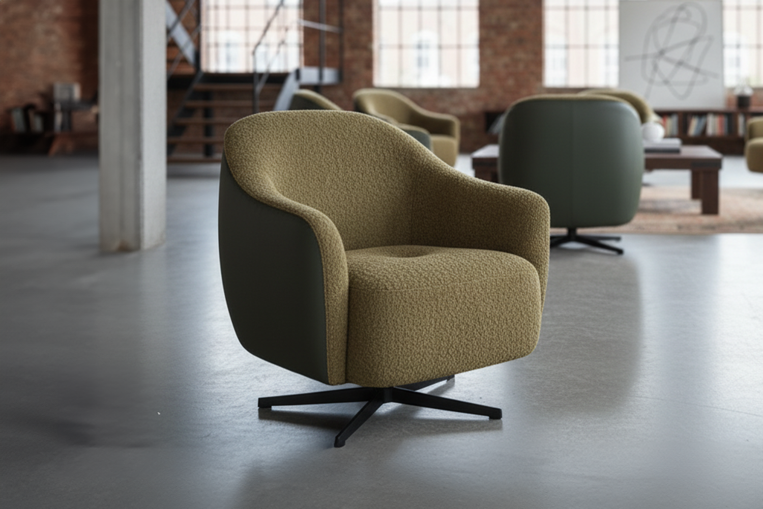 KAWOLA Sessel BRITTO Drehsessel Stoff / Kunstleder moosgrün