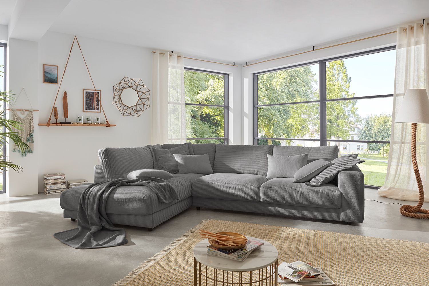 KAWOLA Sofa MADELINE Ecksofa mit Recamiere Cord grau