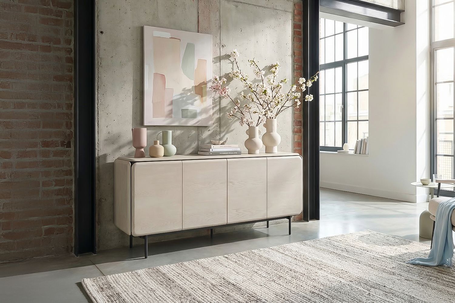 KAWOLA Sideboard AVRIL 4 Türen Eiche furniert grau