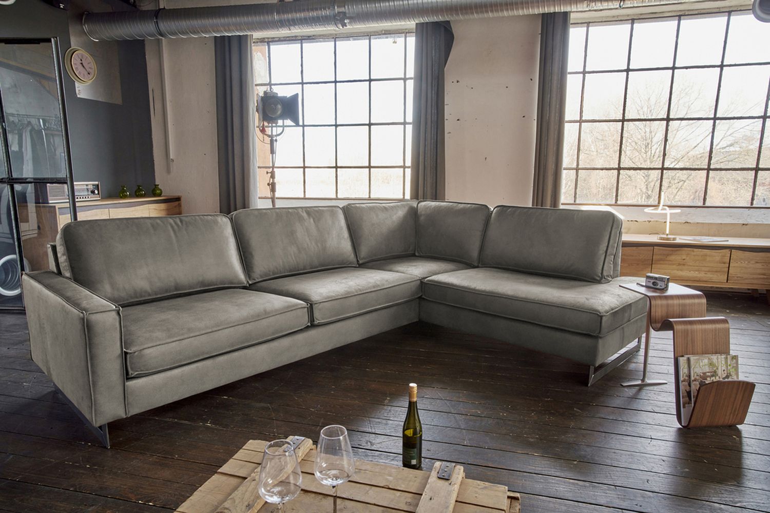 KAWOLA Ecksofa VILNIUS 3-Sitzer mit Recamiere Lederfaserstoff anthrazit