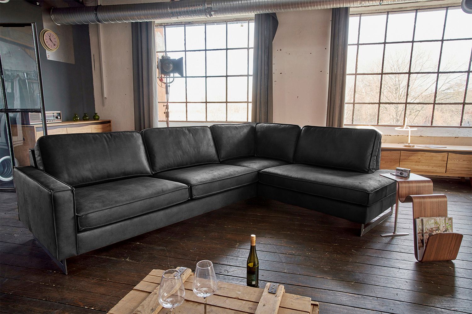 KAWOLA Ecksofa VILNIUS 3-Sitzer mit Recamiere Lederfaserstoff schwarz