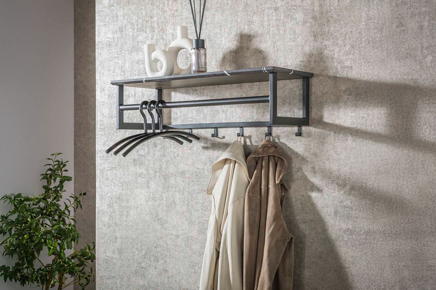 KAWOLA Garderobe SESTA Kunststoff Keramikoptik Hutablage 6 Haken grau