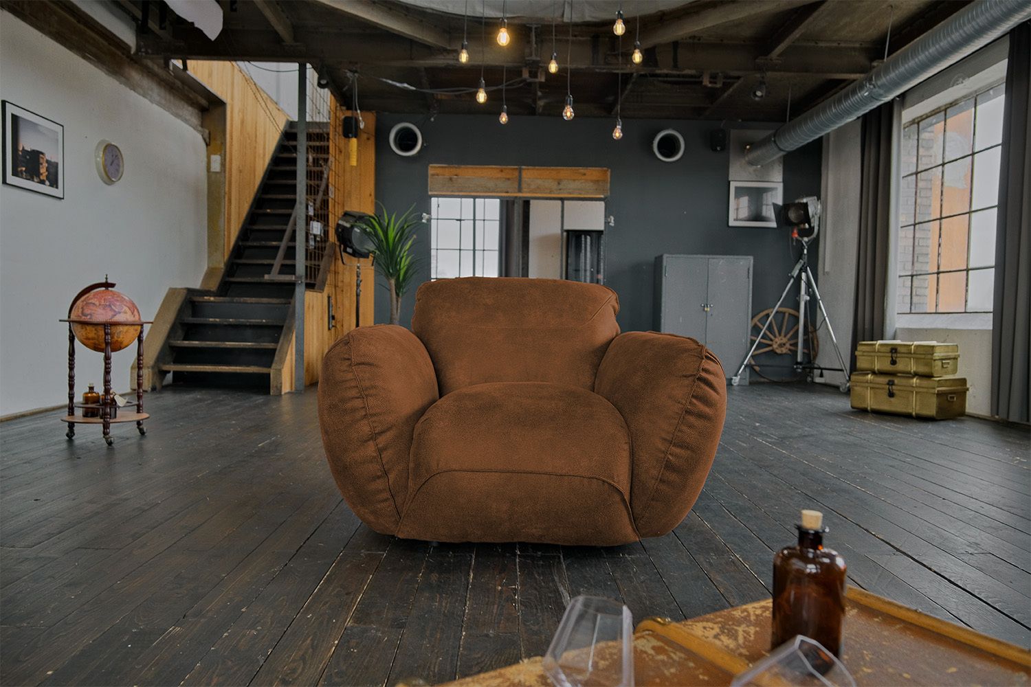 KAWOLA Sessel DAVITO Lederimitat im Vintagelook mittelbraun