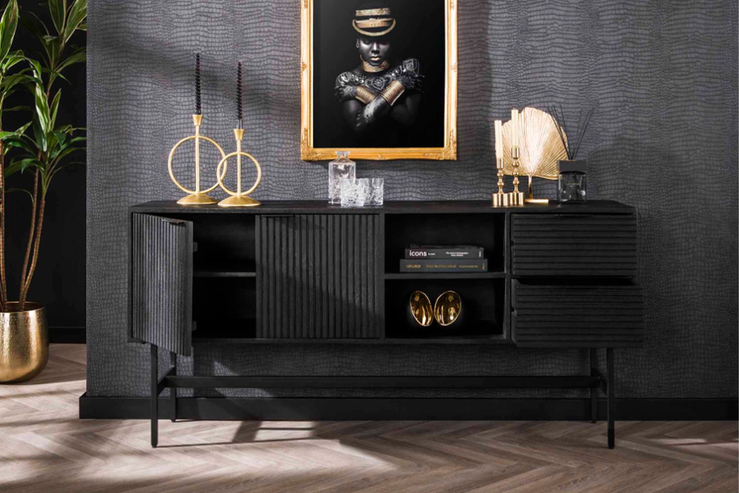 KAWOLA Sideboard LORCA Mango massiv schwarz 2 Türen 2 Schubladen
