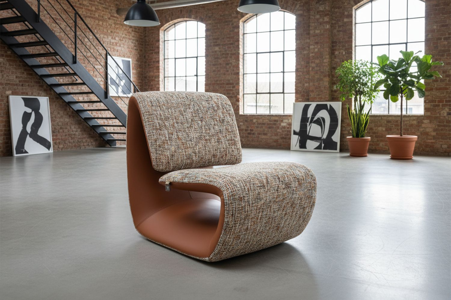 KAWOLA Sessel HAZEL Loungesessel Stoff multi beige / Kunstleder braun
