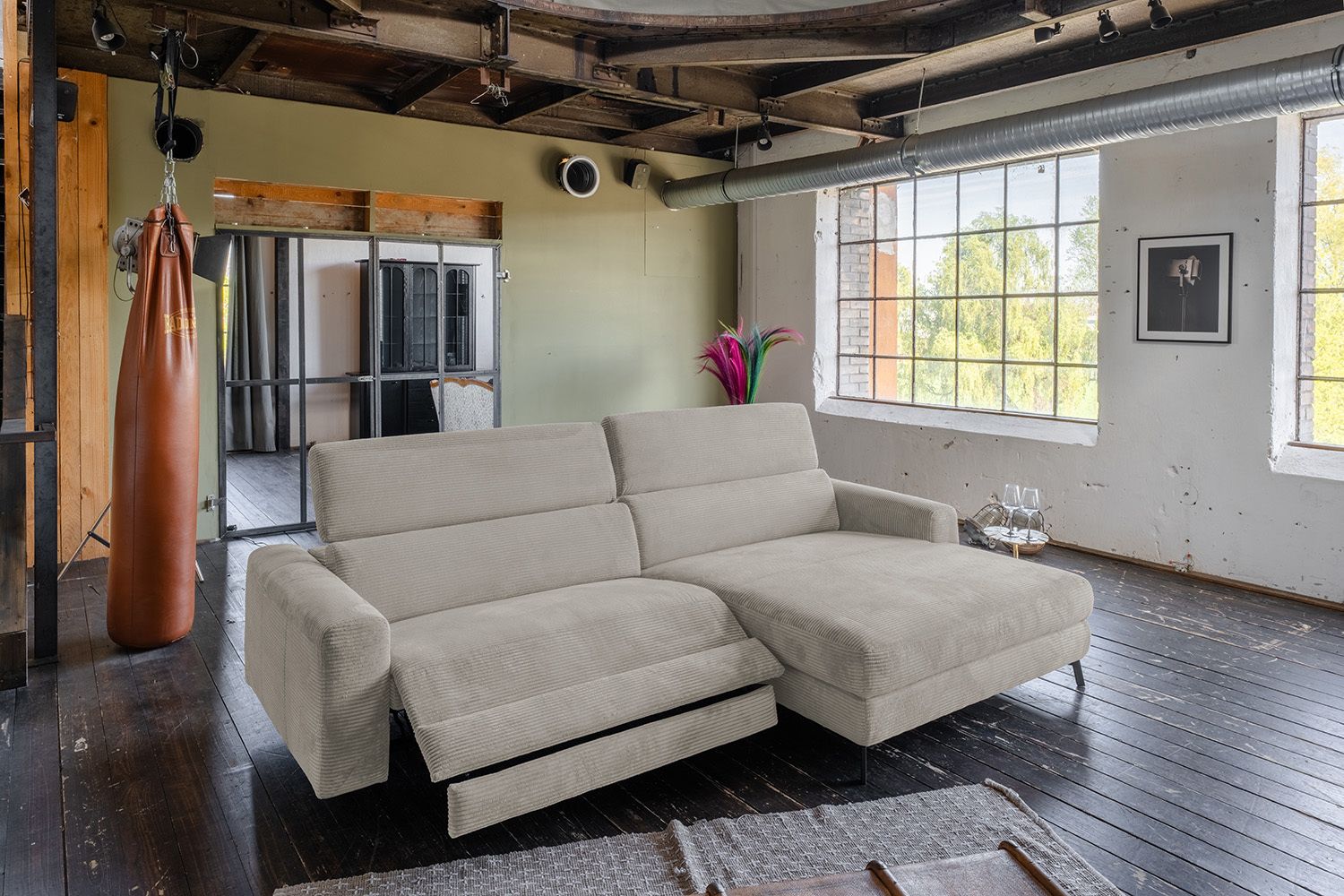 KAWOLA Sofa LAISKA Ecksofa Relaxfunktion teilmotorisch Cord steingrau
