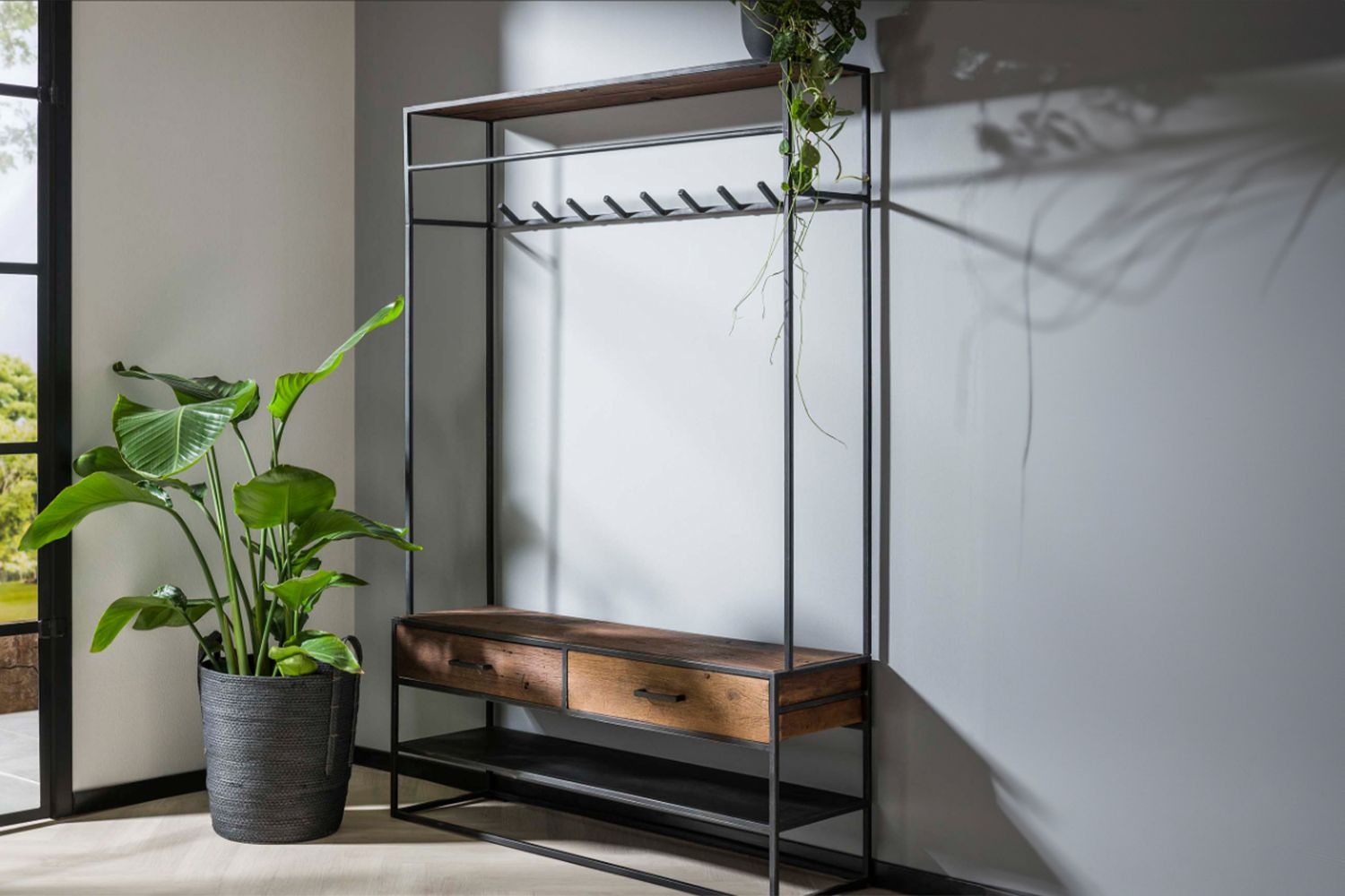 KAWOLA Garderobe TENBY Hartholz Metall schwarz 2 Schubladen 1 Ablage