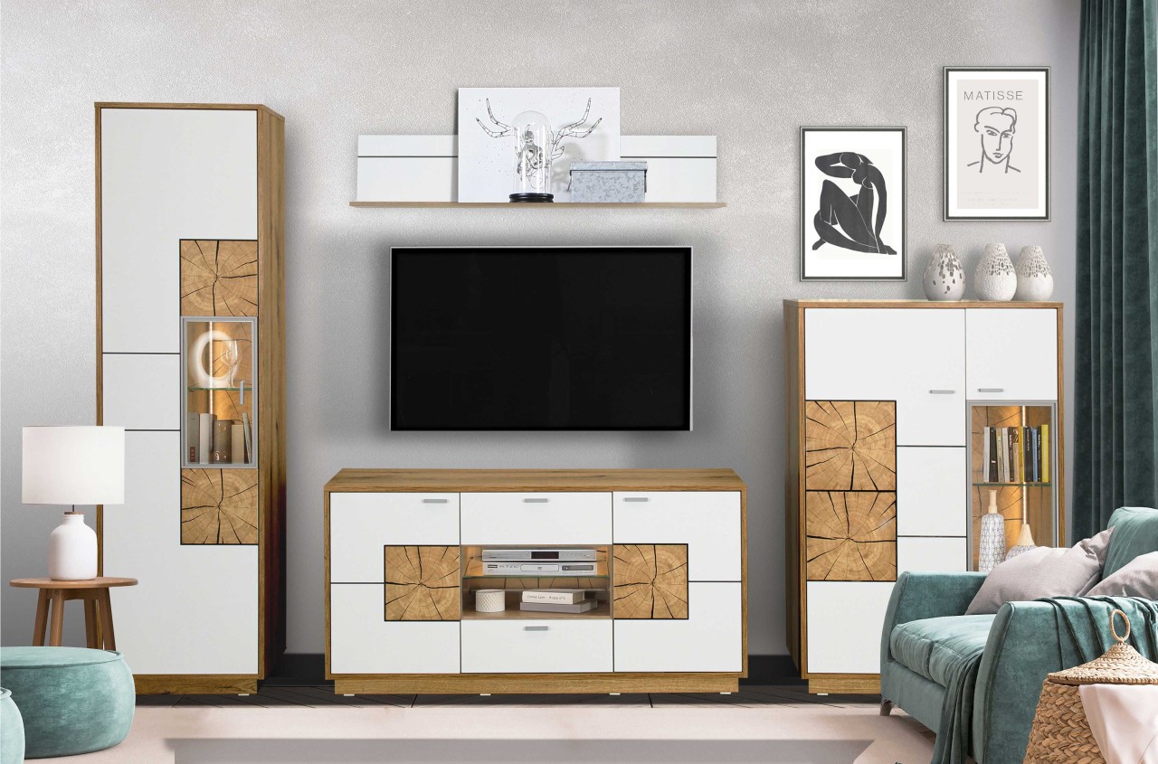 Orbano white Wohnwand mit Hirnholz Applikation weiß / alteiche