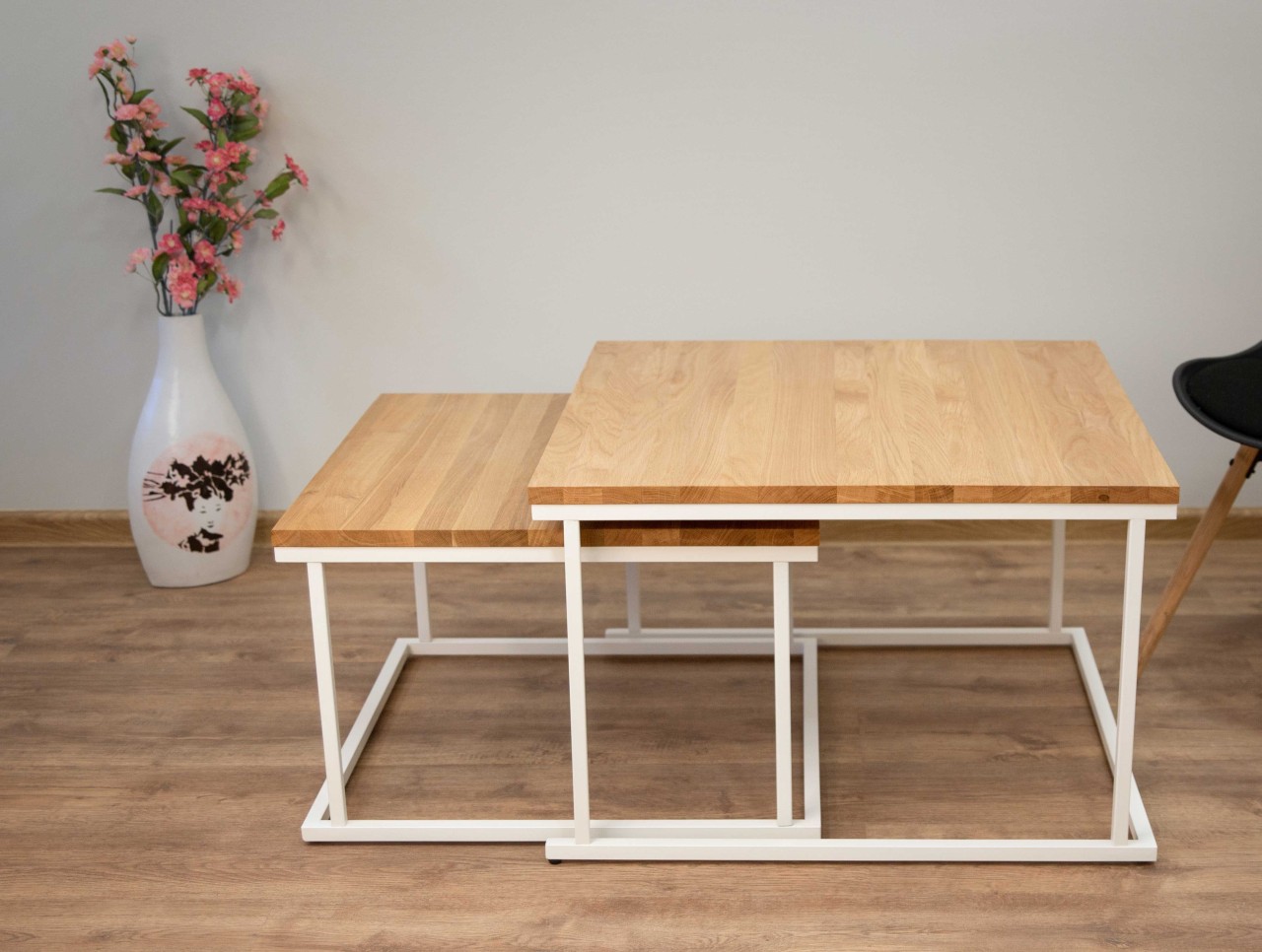 Couchtisch Set quadratisch massiv eiche mit Metallgestell