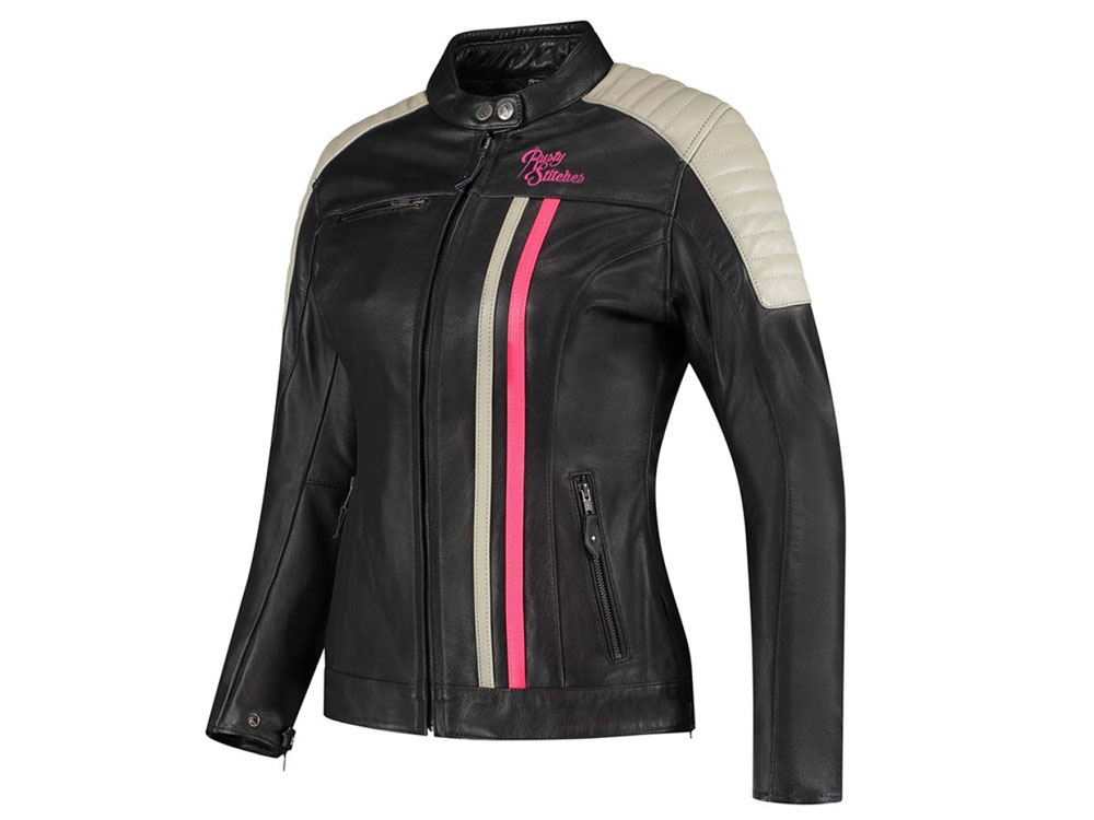 Rusty Stitches Alice Motorrad Lederjacke Damen (Schwarz/Grau/Pink)