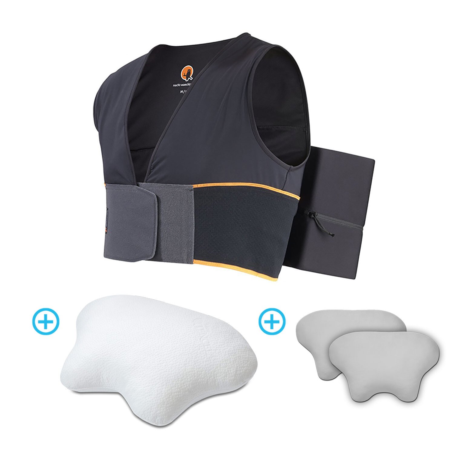 Für die optimale Seitenlage! Nachtwaechter Schlafweste L/XL + Seitenschläfer/CPAP-Kissen LINA + 2x Kissenbezug LINA grau