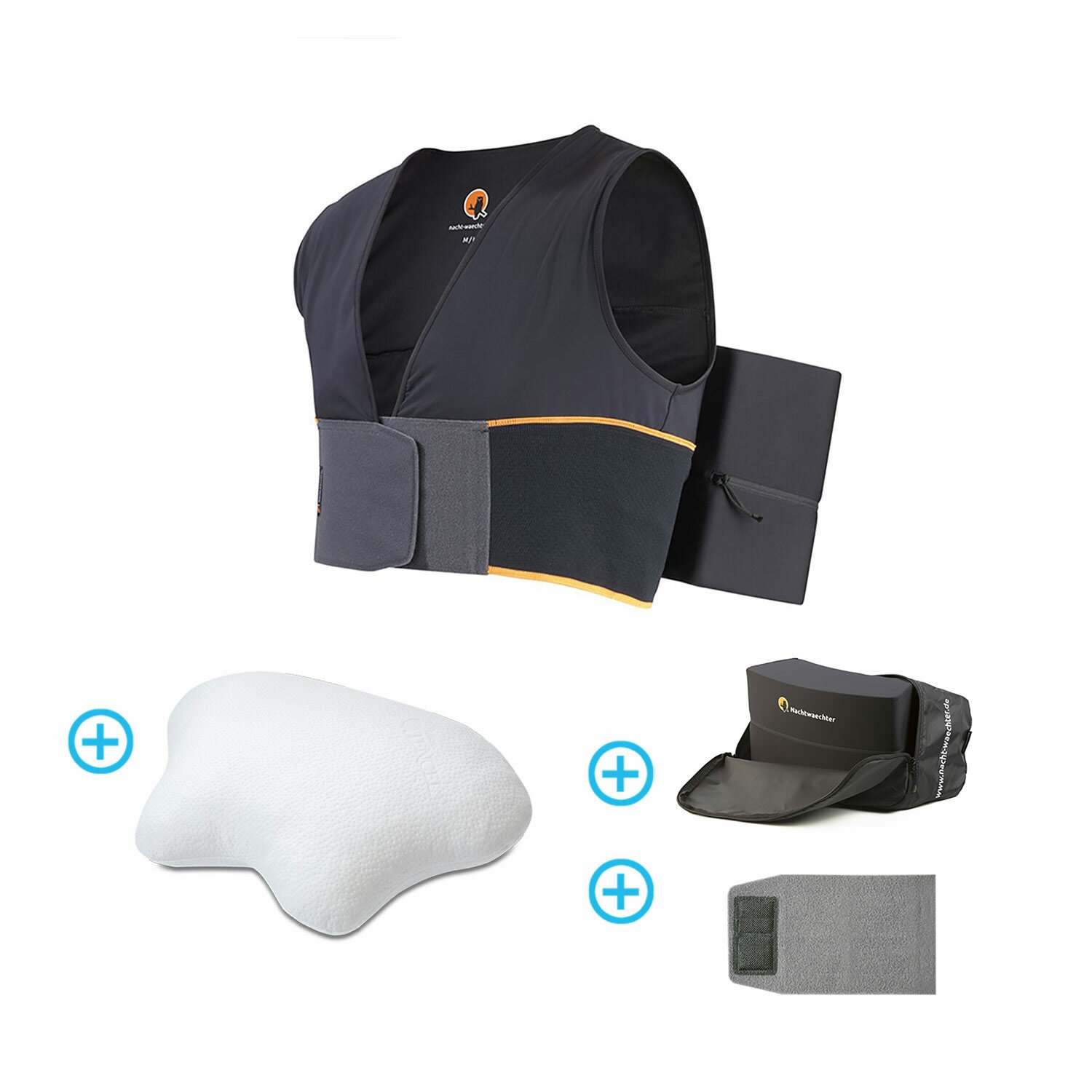 Für die optimale Seitenlage! Nachtwaechter Schlafweste L/XL + Seitenschläfer/CPAP-Kissen LINA + Klettverlängerung + Reisetasche