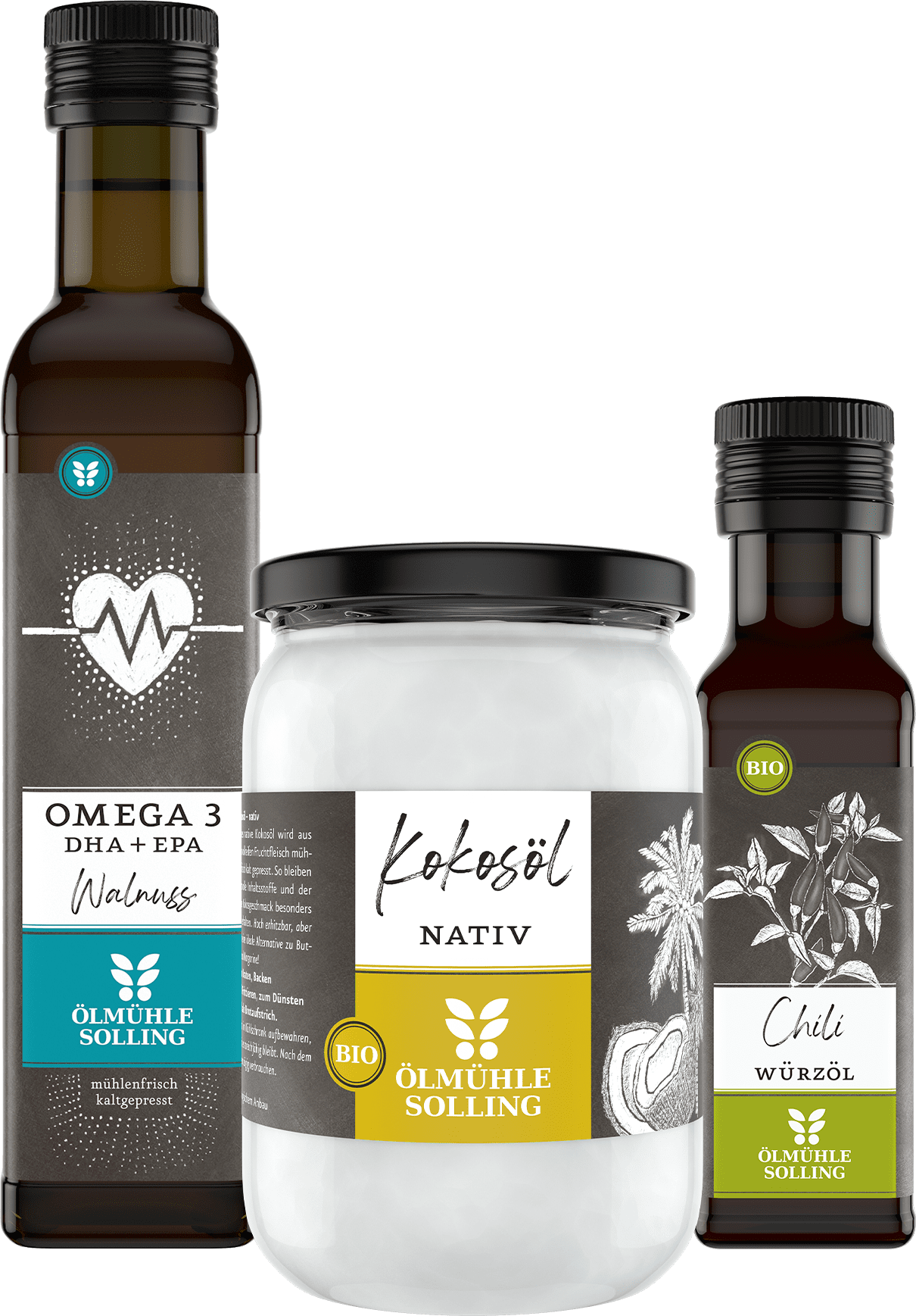 Basisöl Trio exotisch mit Omega 3 Öl, Kokosöl und Chili Würzöl 250 ml, 500 ml, 100 ml