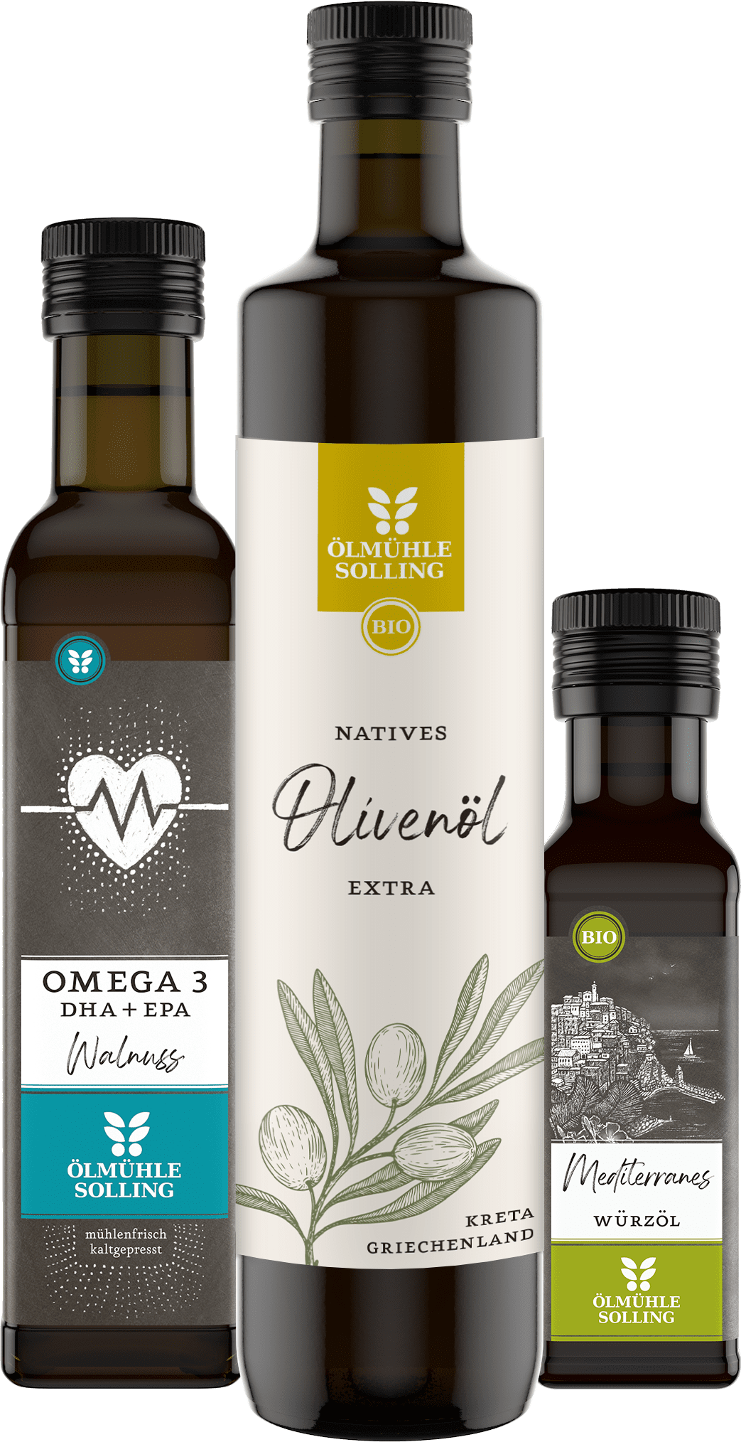 Basisöl Trio mediterran mit Omega 3 Öl, Olivenöl und Mediterranem Würzöl 250 ml, 500 ml, 100 ml