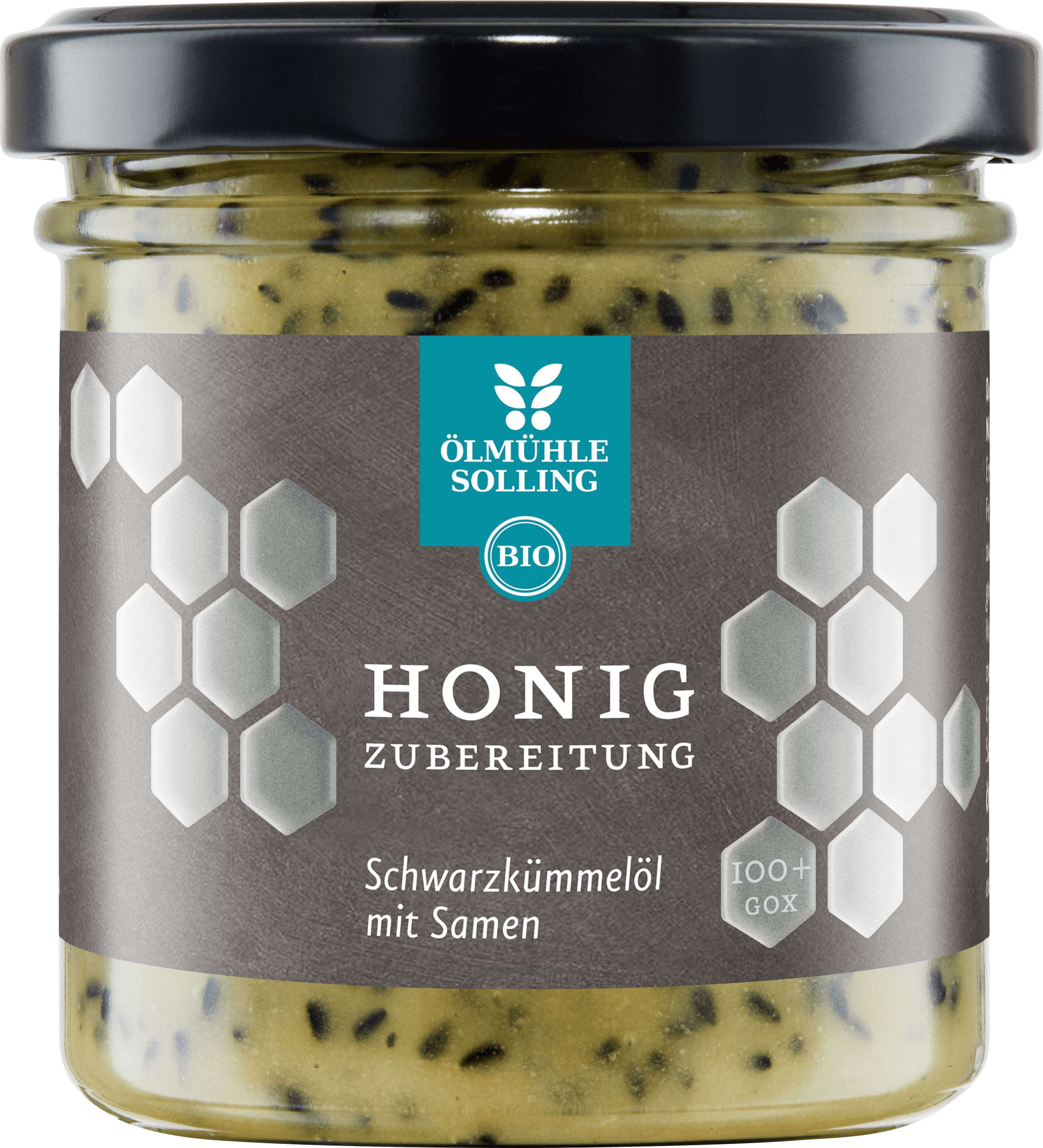 Honigzubereitung mit Schwarzkümmelöl im 180 g Glas 180 g mit Samen und Öl