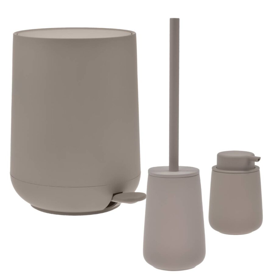 Bad-Accessoires Nova One Set 3tlg taupe | Zone Denmark Monochrome Design-Kombi aus Soft-Touch Kosmetikeimer, Toilettenbürste & Seifenspender fürs Bad.