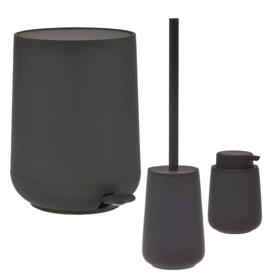 Bad-Accessoires Nova One Set 3tlg schwarz | Zone Denmark Monochrome Design-Kombi aus Soft-Touch Kosmetikeimer, Toilettenbürste & Seifenspender fürs Ba