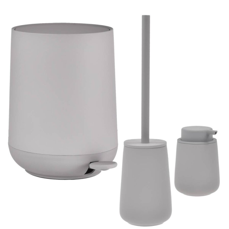 Bad-Accessoires Nova One Set 3tlg mittelgrau | Zone Denmark Monochrome Design-Kombi aus Soft-Touch Kosmetikeimer, Toilettenbürste & Seifenspender fürs
