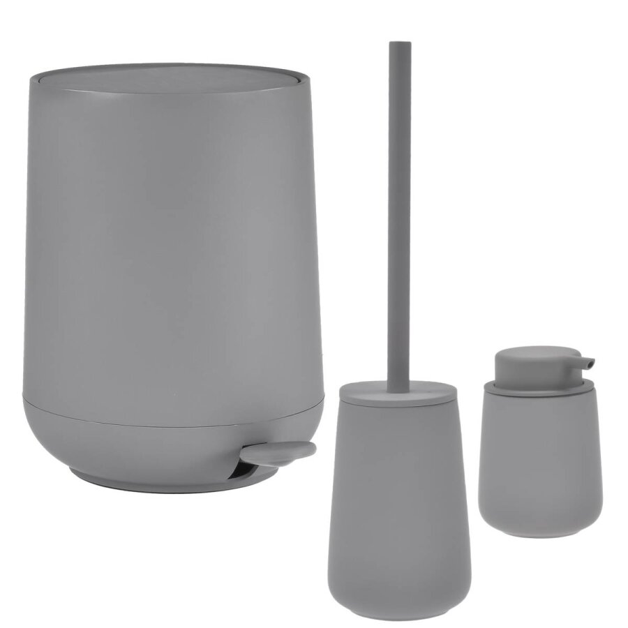 Bad-Accessoires Nova One Set 3tlg in grau | Zone Denmark Monochrome Design-Kombi aus Soft-Touch Kosmetikeimer, Toilettenbürste & Seifenspender fürs Ba