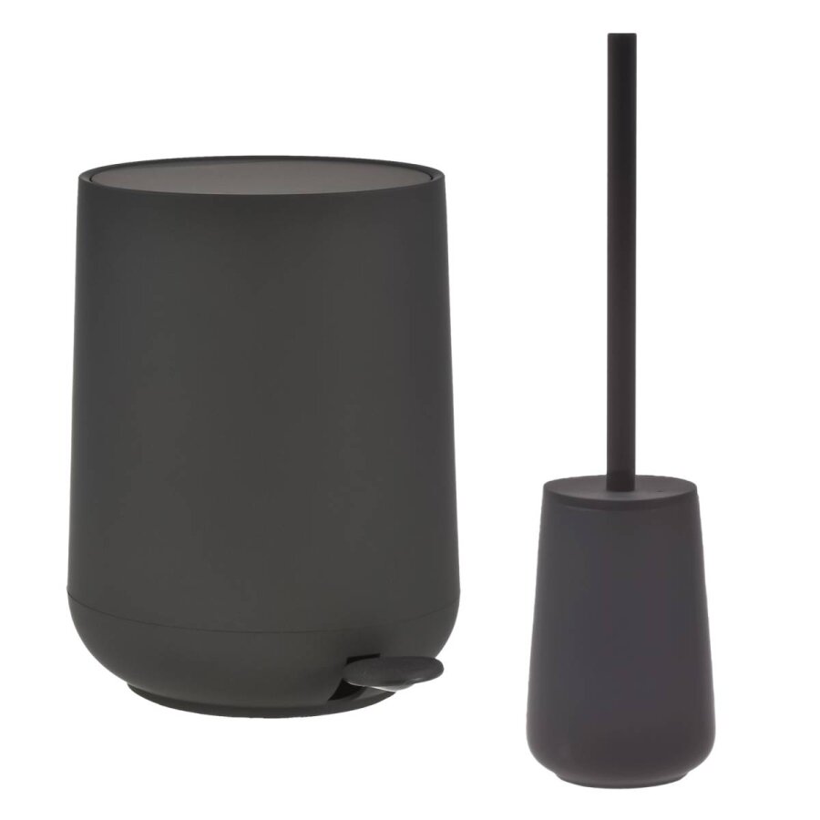 Bad-Accessoires Nova One Set 2tlg schwarz | Zone Denmark Monochrome Design-Kombi aus Soft-Touch Kosmetikeimer und Toilettenbürste aus Steingut fürs Ba