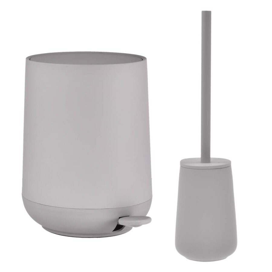 Bad-Accessoires Nova One Set 2tlg gull grey | Zone Denmark Monochrome Design-Kombi aus Soft-Touch Kosmetikeimer und Toilettenbürste aus Steingut fürs