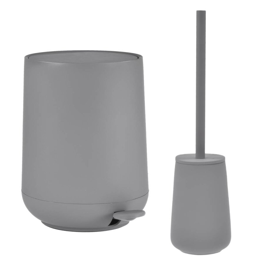 Bad-Accessoires Nova One Set 2tlg grau | Zone Denmark Monochrome Design-Kombi aus Soft-Touch Kosmetikeimer und Toilettenbürste aus Steingut fürs Bad.