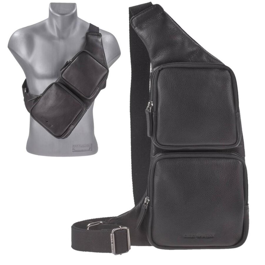 Crossover Bag Leder schwarz 2 Taschen | Greenburry Basic Slingbag mit 160cm Gurt. Kompakter Organizer für Herren als Brusttasche und Schultertasche.