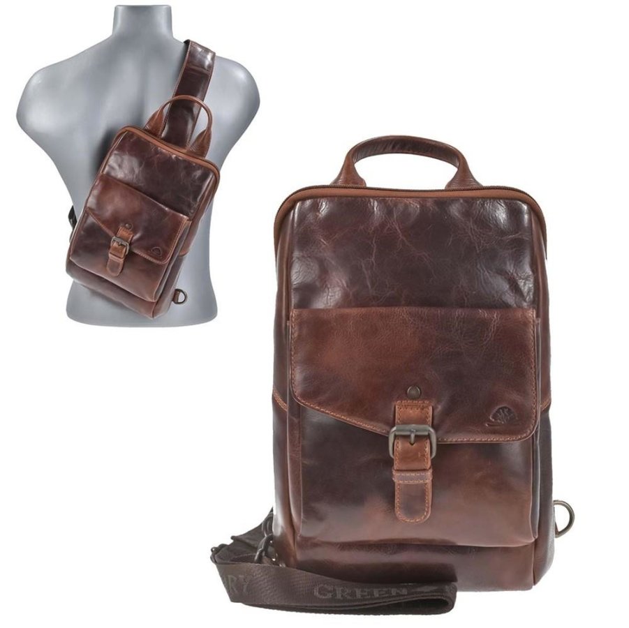 Crossbody Bag Tasche Leder für Damen und Herren 21x32cm 'Rugged' teak brown Greenburry 1300-25