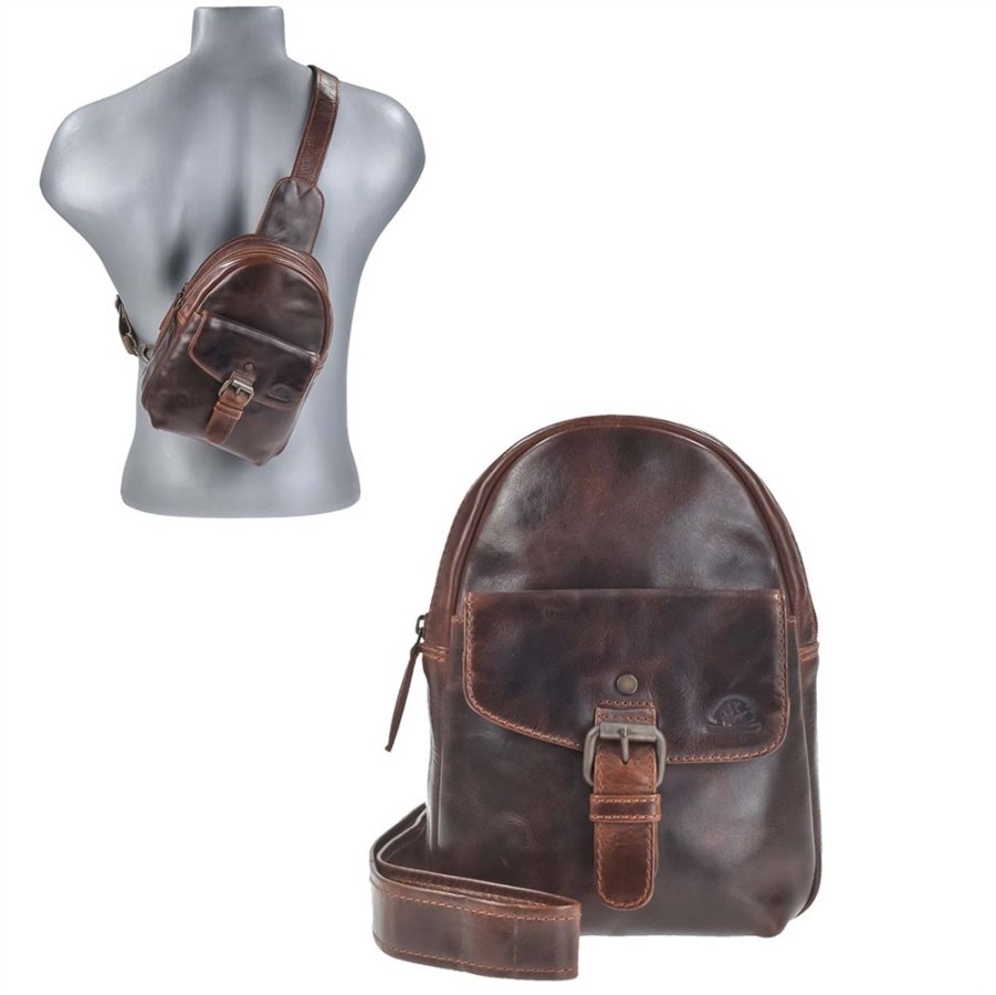 Crossbody Bag Tasche Leder für Damen und Herren 17x22cm 'Rugged' teak brown Greenburry 1301-25