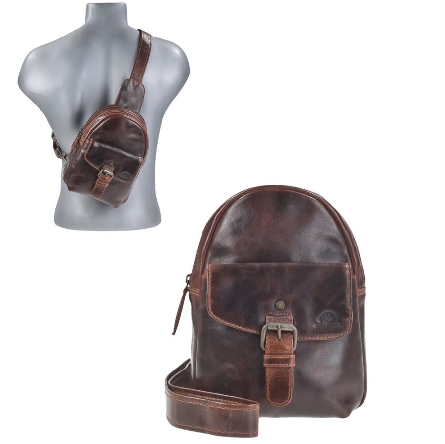 Brusttasche Leder 2 Hauptfächer teakbraun | Greenburry Rugged Slingbag Herren 15x20cm. Strukturierter Bodybag mit Kartenfächern und Handytasche.