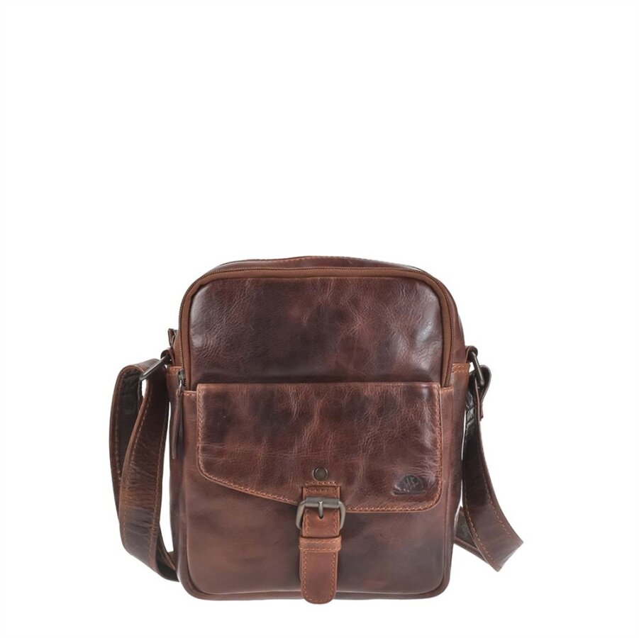 Schultertasche mit integrierten Kartenfächern aus Leder in teak braun | Greenburry. Funktionale Umhängetasche Rugged für Reise und Alltag optimal.