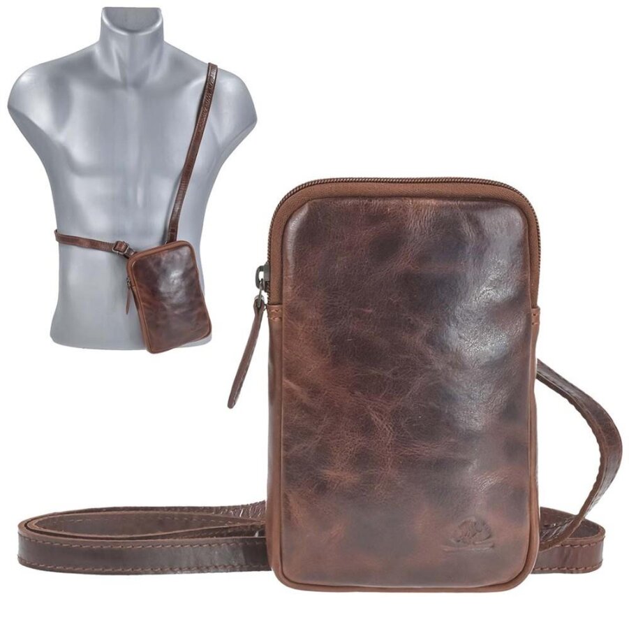 Handytasche zum Umhängen aus Leder teak brown | Greenburry | Der robuste Begleiter für Ihr Smartphone mit praktischen Kartenfächern.