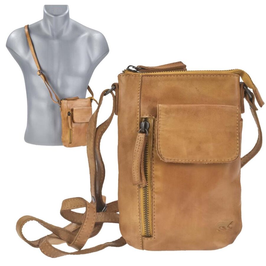 Handy-Umhängetasche 2 Kartenfächer Leder gelb 15x21cm | Bear Design Senna. Funktionale Handytasche zum Umhängen für Smartphone und Essentials.