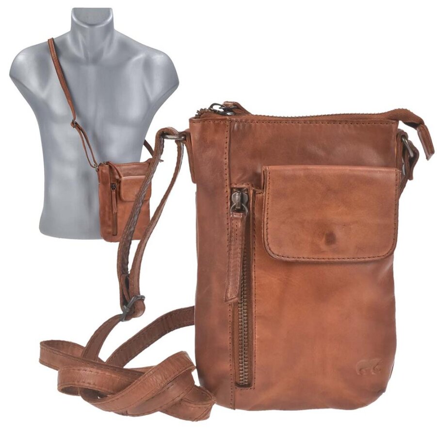 Handy-Umhängetasche 2 Kartenfächer Leder cognac 15x21cm | Bear Design Senna. Funktionale Handytasche zum Umhängen für Smartphone und Essentials.