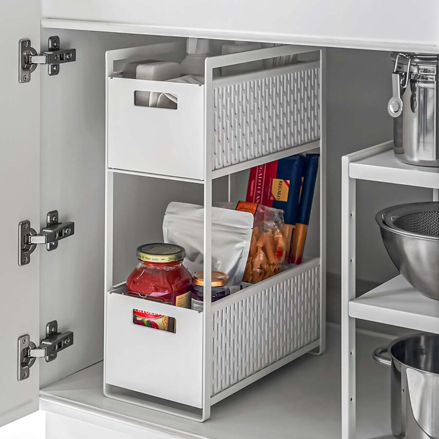 Yamazaki Schrank-Aufbewahrungskorb-Set ausziehbar 32x46x16cm Metall weiß. Modulares Schubladensystem für maximale Ordnung in Küche und Badezimmer.