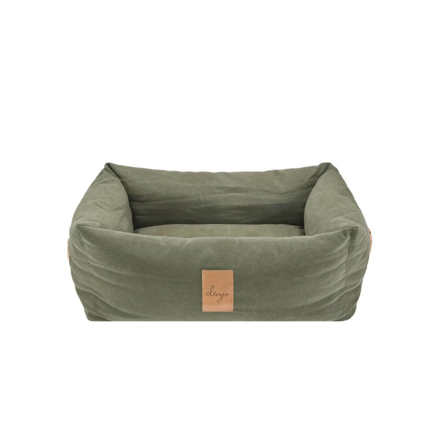 Denjo Dogs Hundebett Vintage Canvas mit Lederdetails im Landhausstil, Bezug waschbar, erhöhter Rand 'Classic Nest' desert green