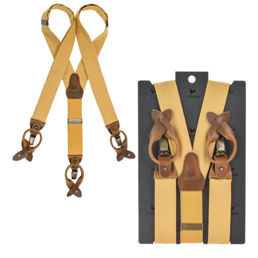 Sir Redman Hosenträger Herren Vintage Style für Männer 35mm breit 'WORK', mit Schlaufen zum Knöpfen und Clips, für Jeans, ocker gelb